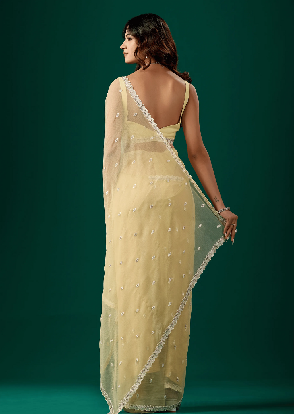 Light Yellow Chiffon Saree Draped Look - Floral Embroidery Detail