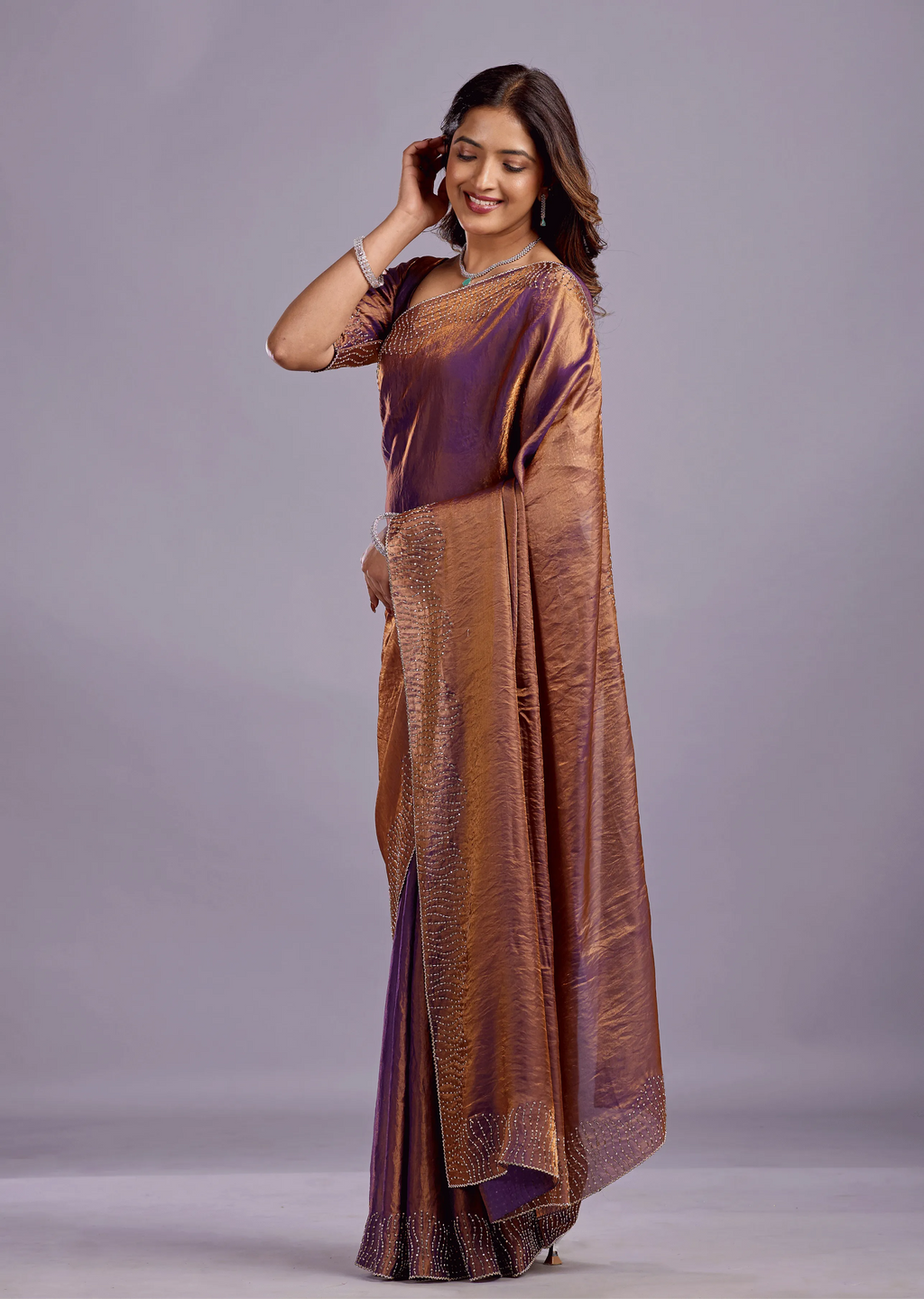 Copper Purple Tissue Silk Saree Close Up Pose - Wedding Wear Saree