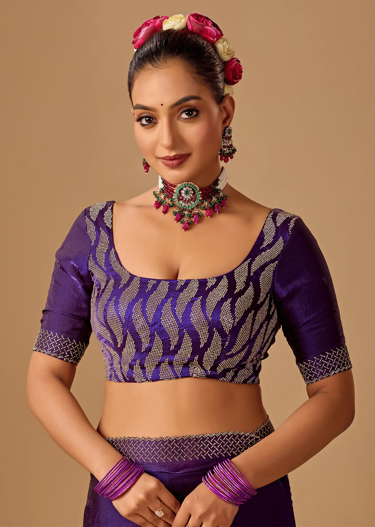 Royal Wine Tissue Silk Saree With Crystal Stone Border