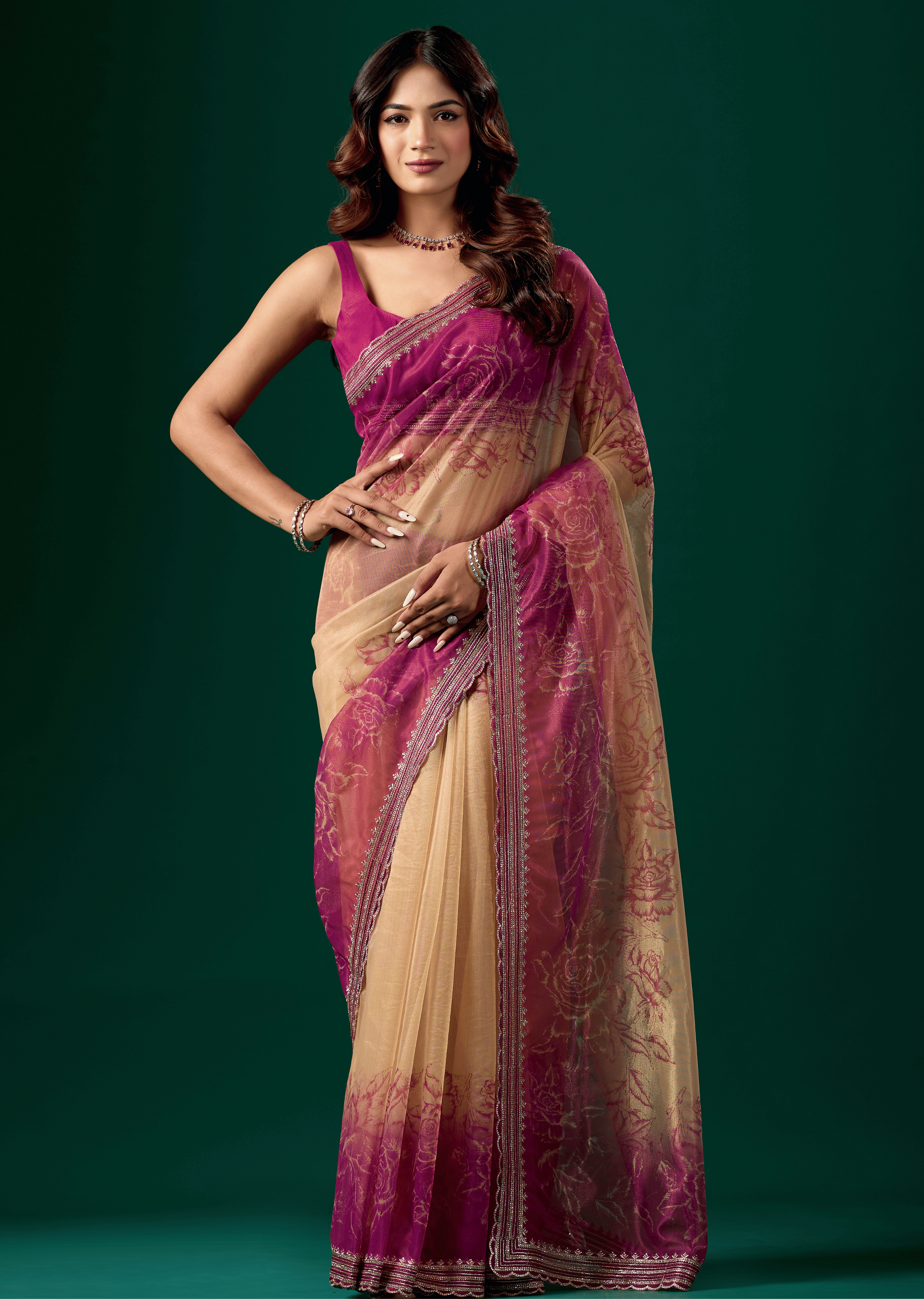 Rani Pink Organza Saree With Floral Print