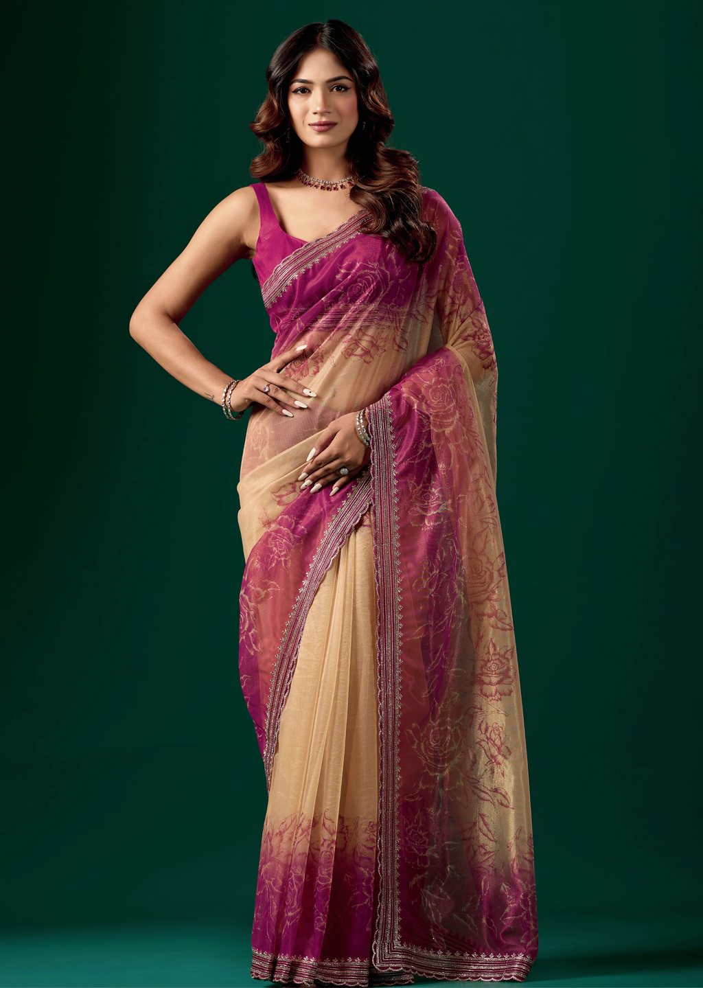 Rani Pink Organza Saree Standing Look - Festive Wear Saree