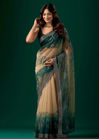 Teal Blue Organza Saree With Floral Print - Photo 7 | Buy Online Ethnic9