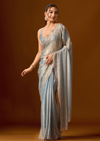 Sky Blue Tissue Silk Saree Side Pose - Wedding Wear Saree