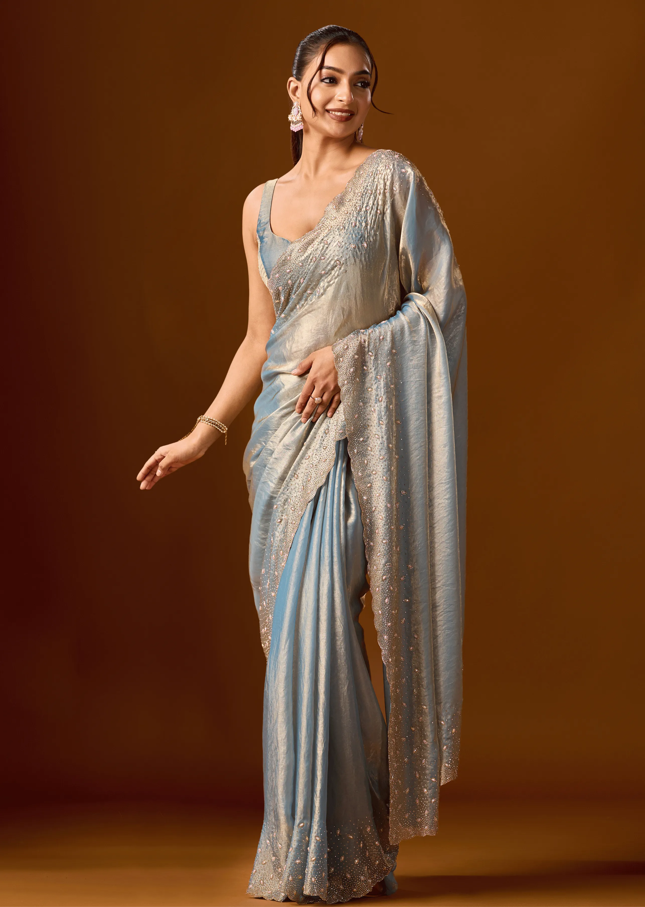 Sky Blue Tissue Silk Saree Side Pose - Wedding Wear Saree
