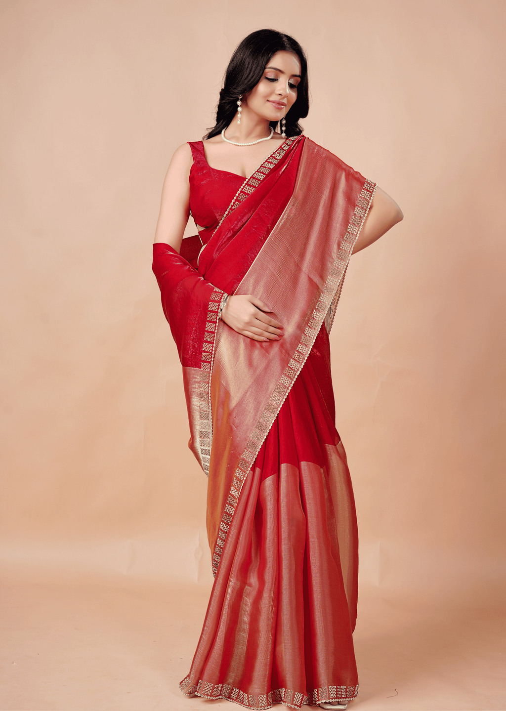 Red Tissue Silk Saree With Stone Border