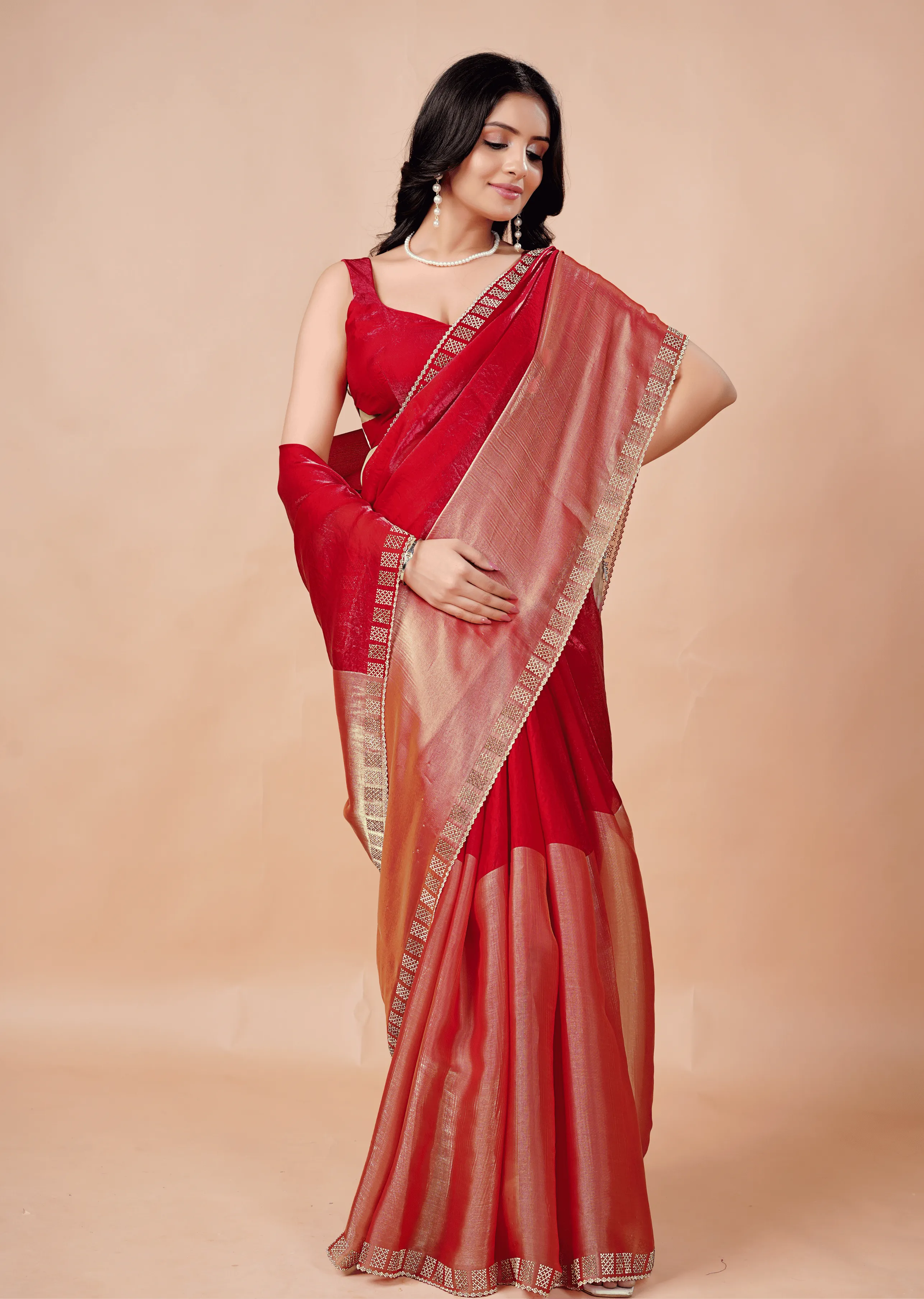 Red Tissue Silk Saree Standing Look - Wedding Wear Saree