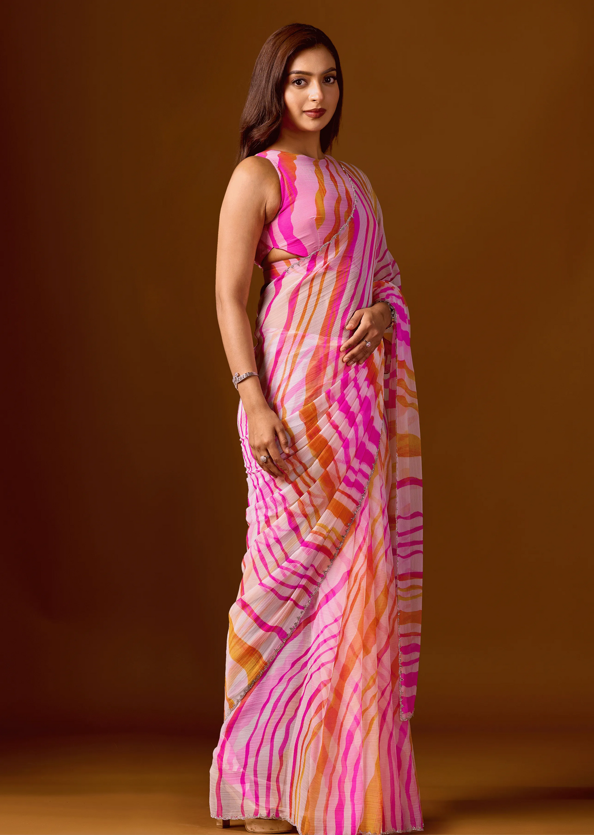 Pink Peach Chiffon Saree Standing Look - Day Function Saree