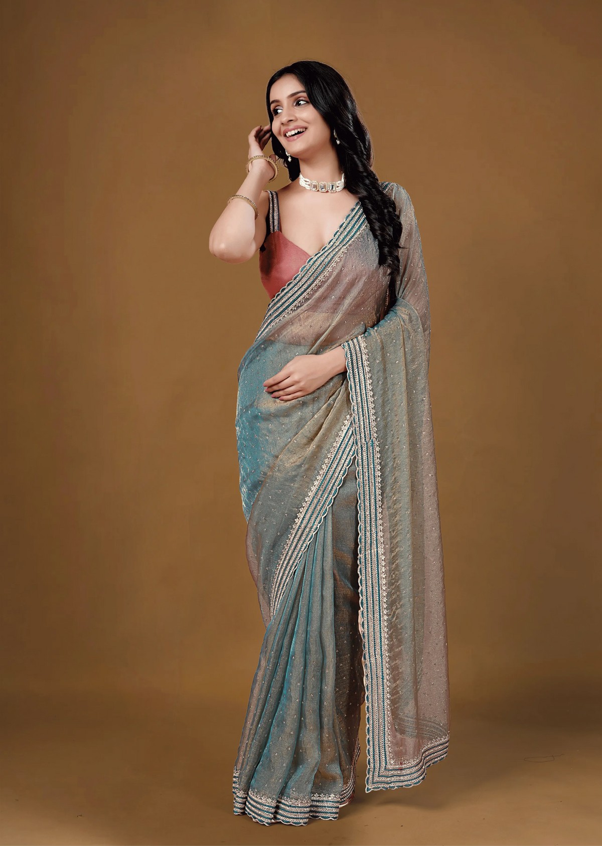 Sky Blue Organza Saree Standing Look - Reception Wear Saree