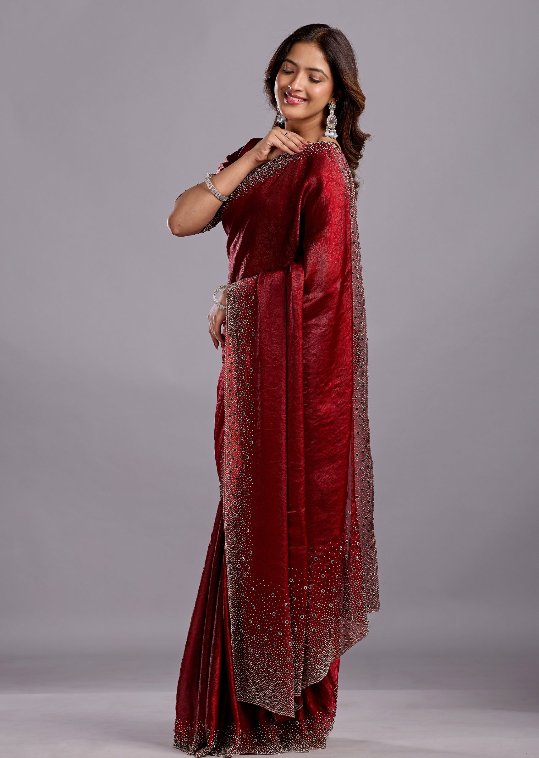Maroon Tissue Silk Saree With Crystal Stone Work