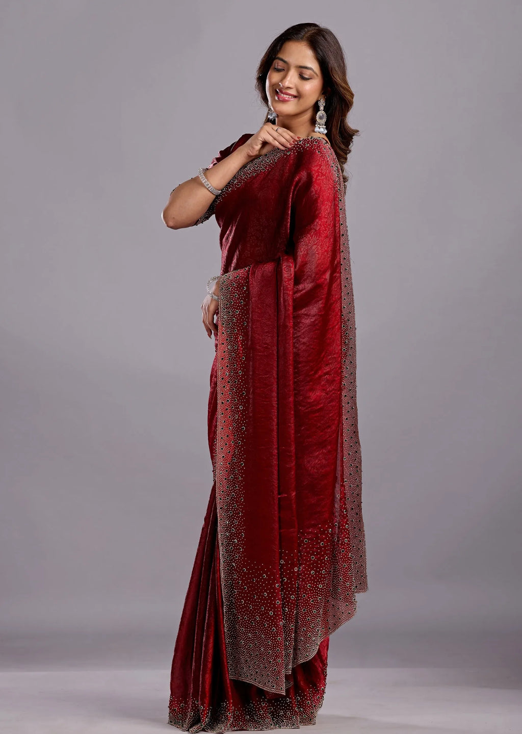 Maroon Tissue Silk Saree Standing Look - Festive Wear Saree
