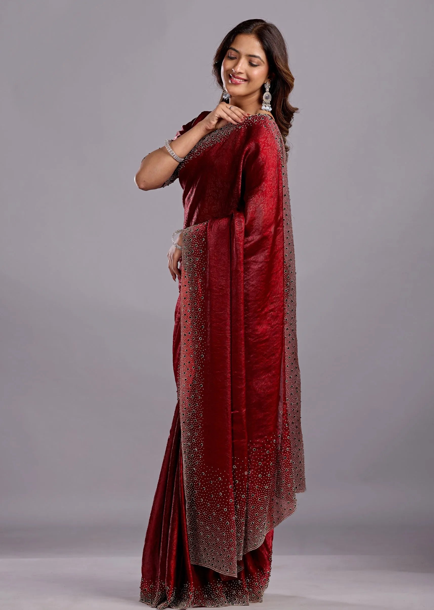 Maroon Tissue Silk Saree Standing Look - Festive Wear Saree
