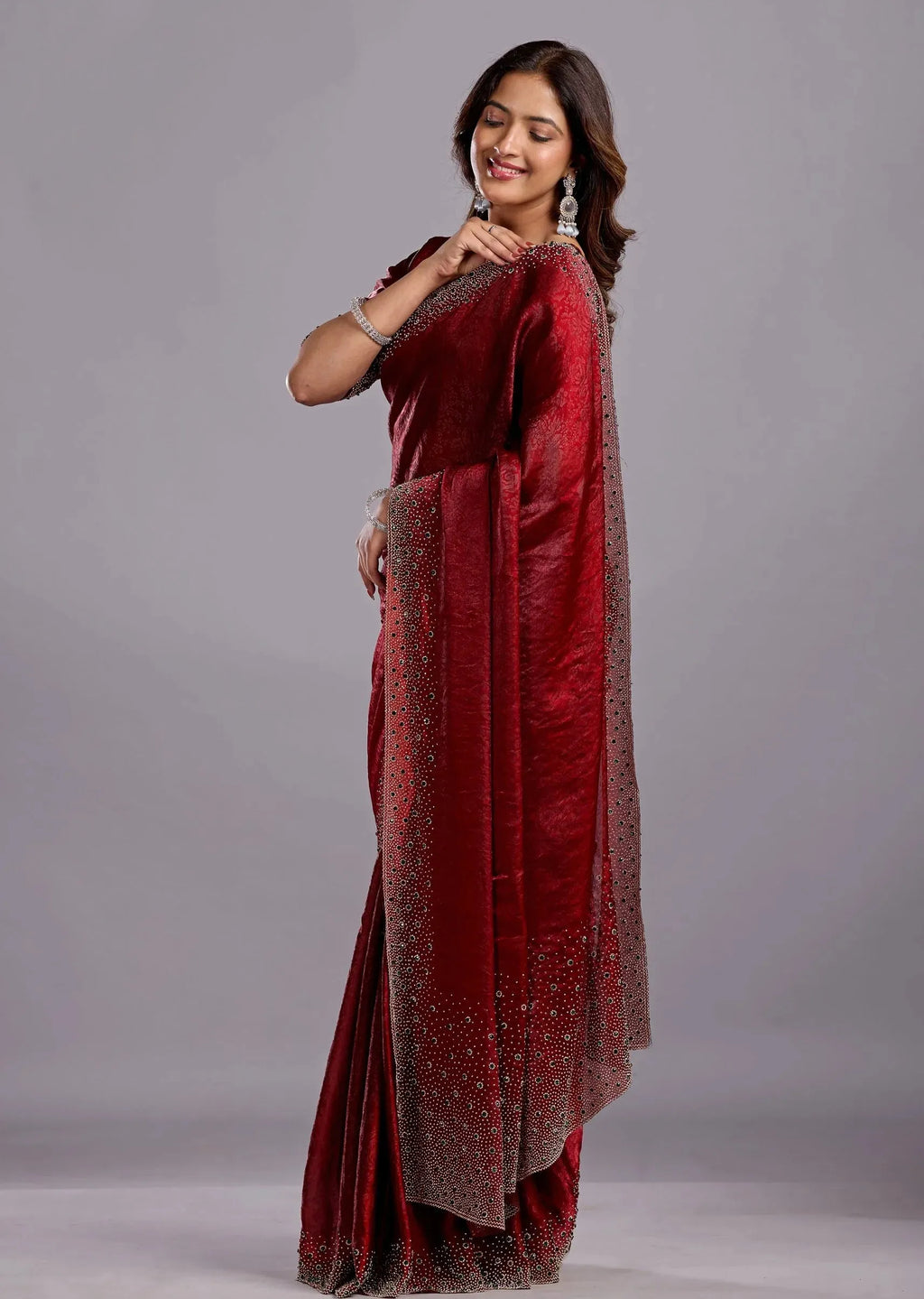 Maroon Tissue Silk Saree With Crystal Stone Work - Photo 6 | Buy Online Ethnic9