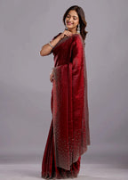 Maroon Tissue Silk Saree With Crystal Stone Work - Photo 6 | Buy Online Ethnic9