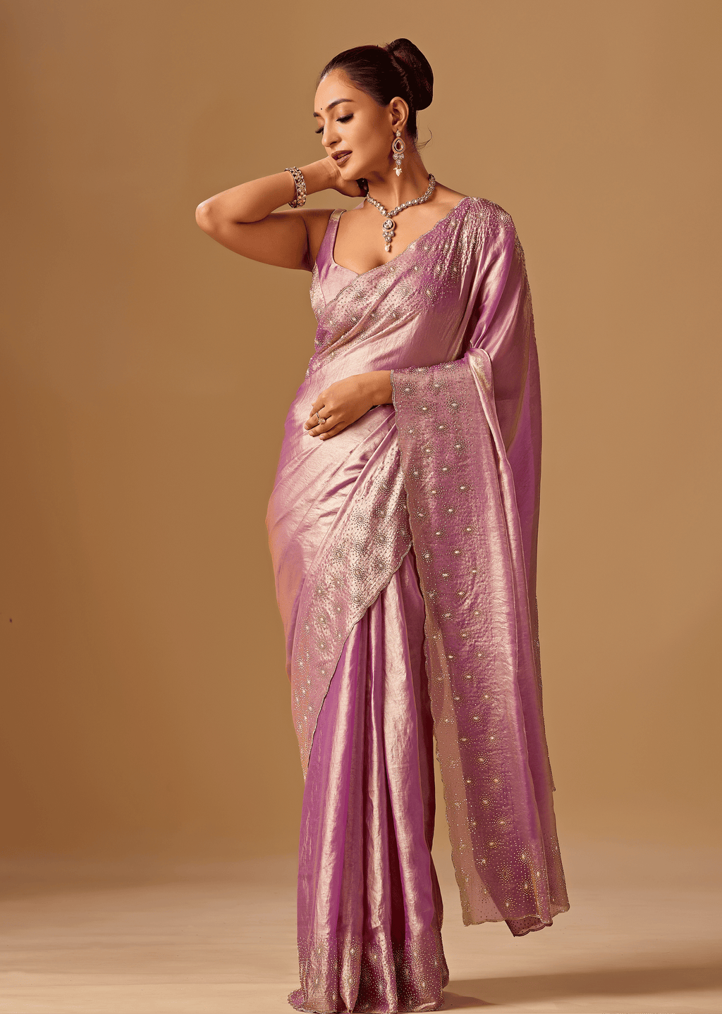 Lavender Tissue Silk Saree With Stone Work