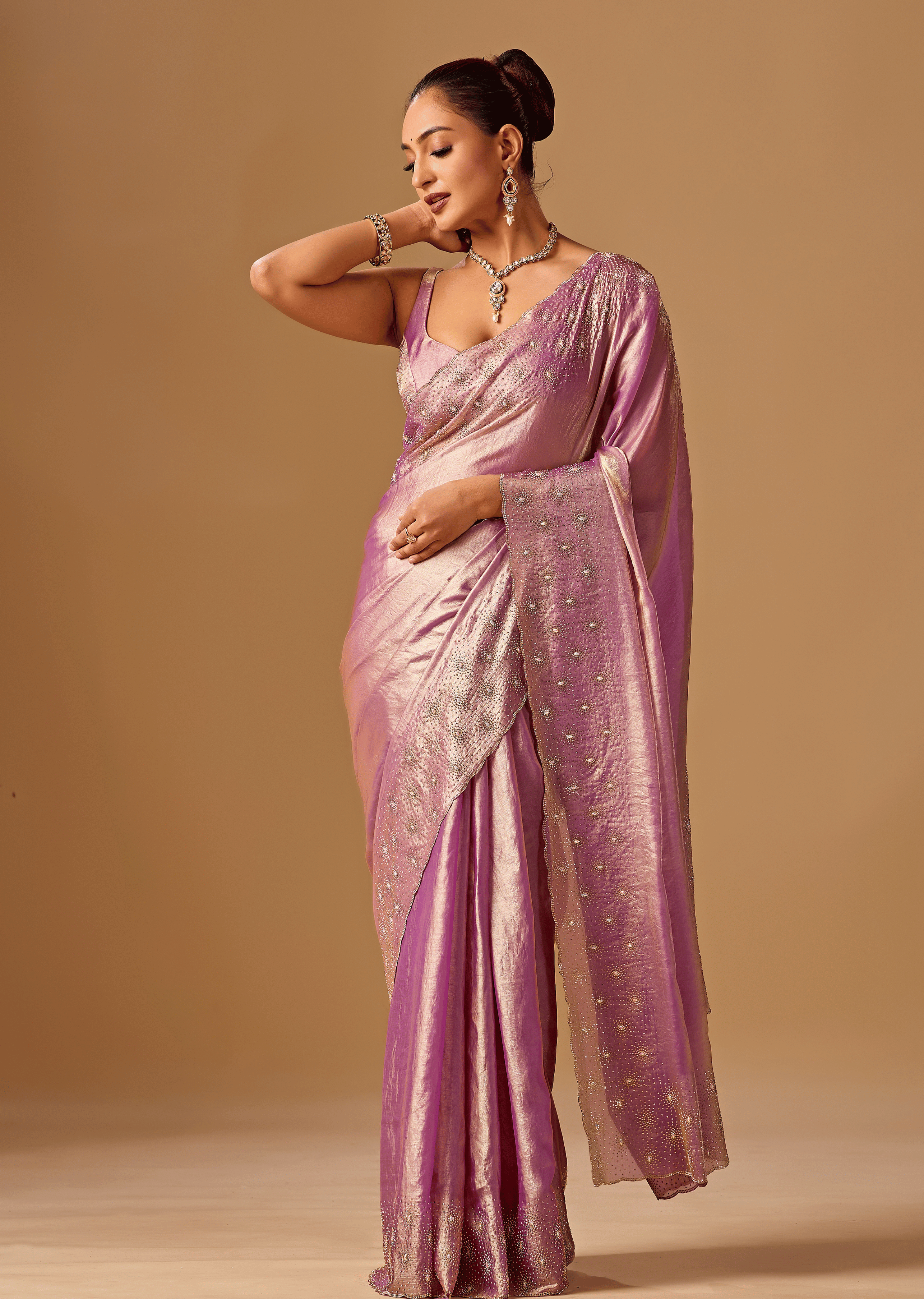 Lavender Tissue Silk Saree With Stone Work