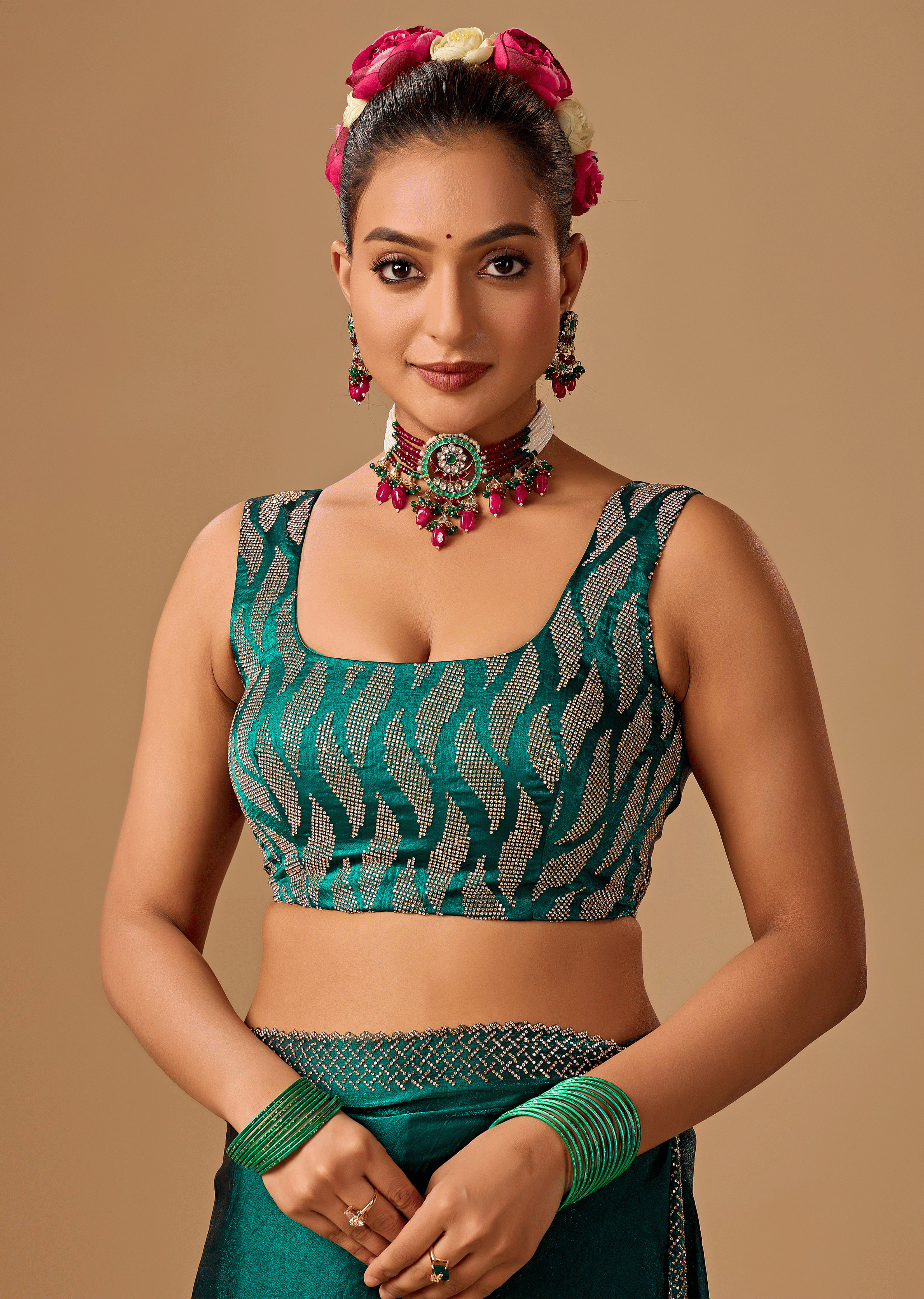 Emerald Green Tissue Silk Saree With Crystal Stone Border