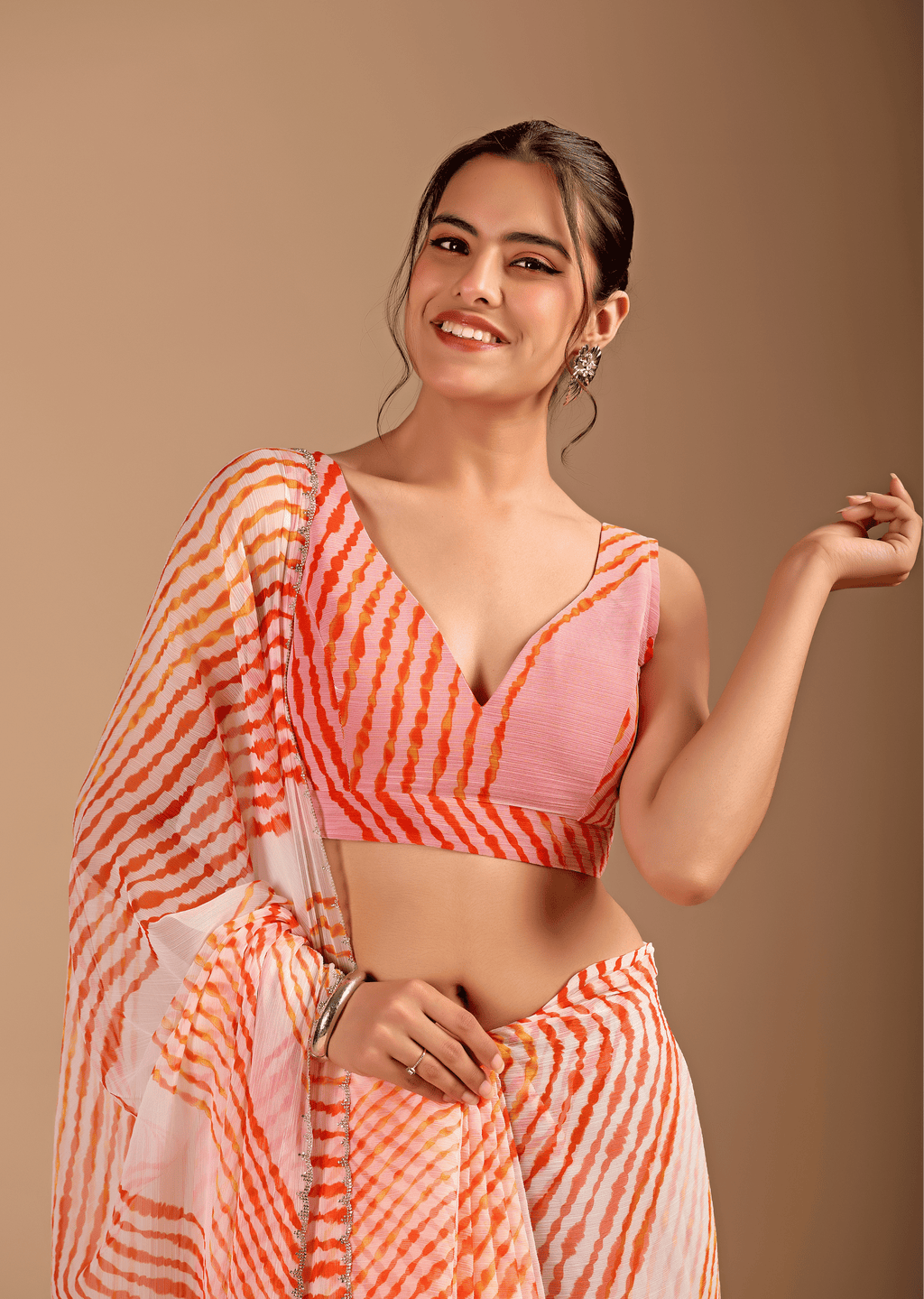 Peach Orange Chiffon Saree With Leheriya Print