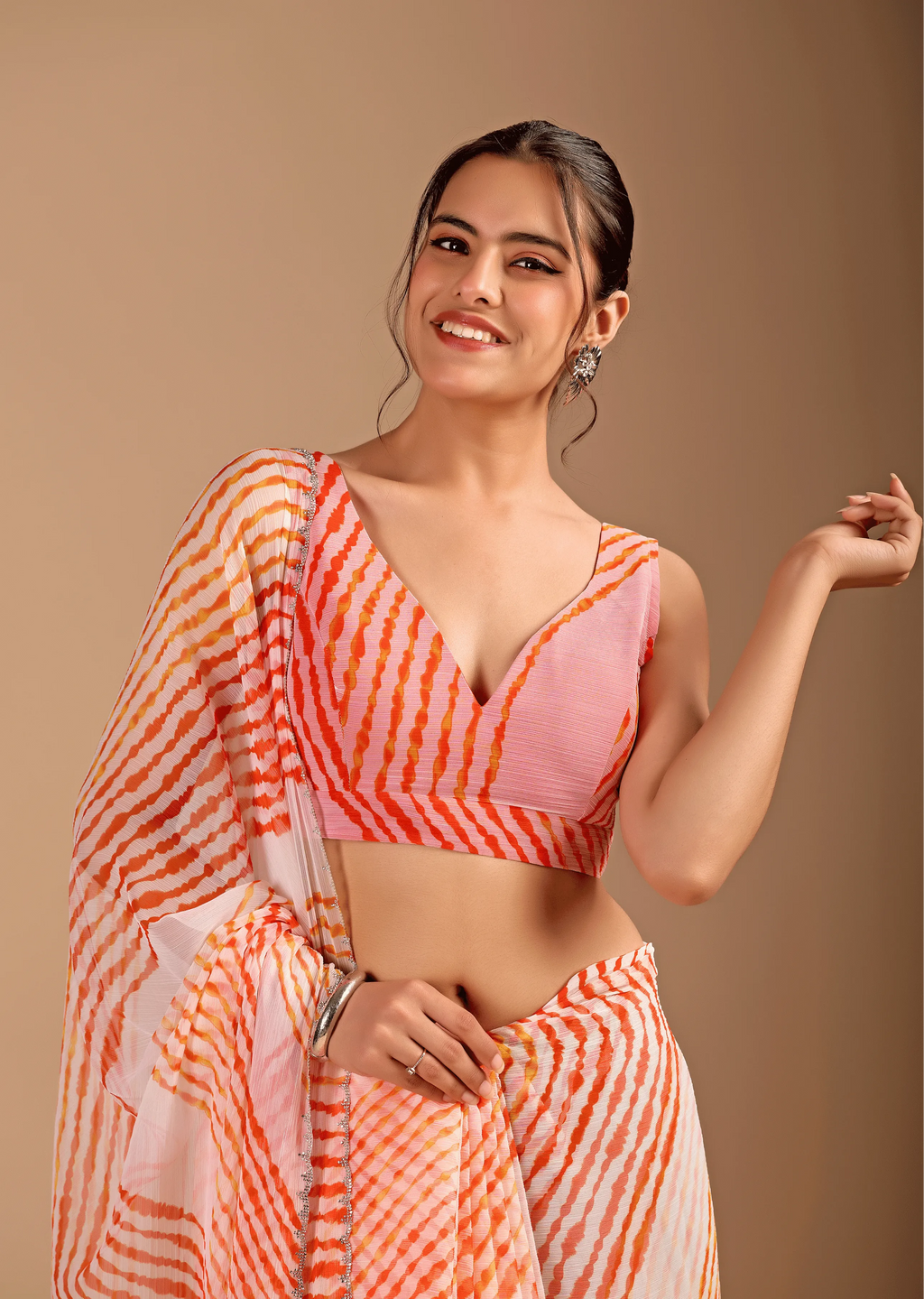 Peach Orange Chiffon Saree Blouse Close Up - Leheriya Print Design