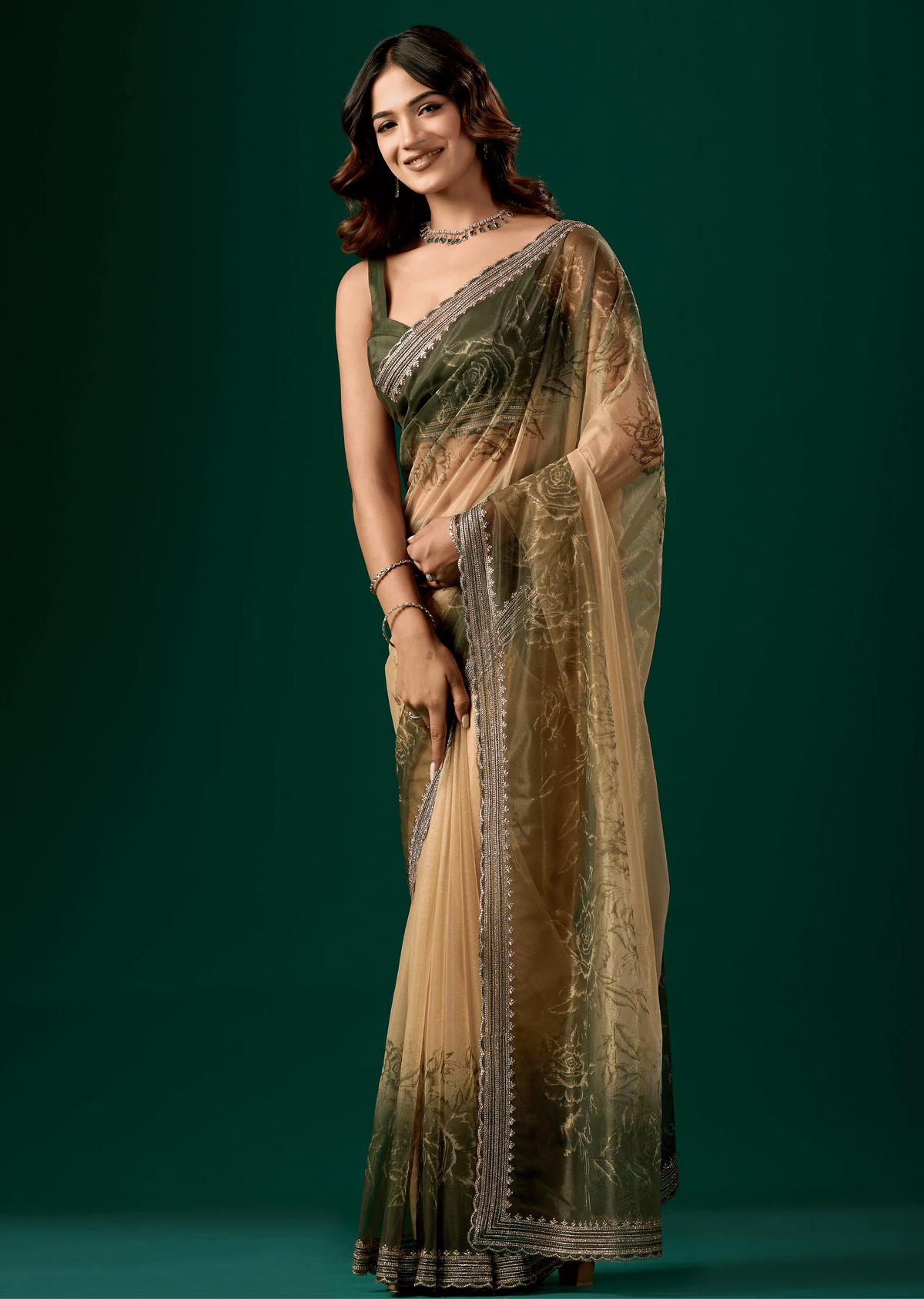  Olive Green Organza Saree Standing Look - Party Wear Saree