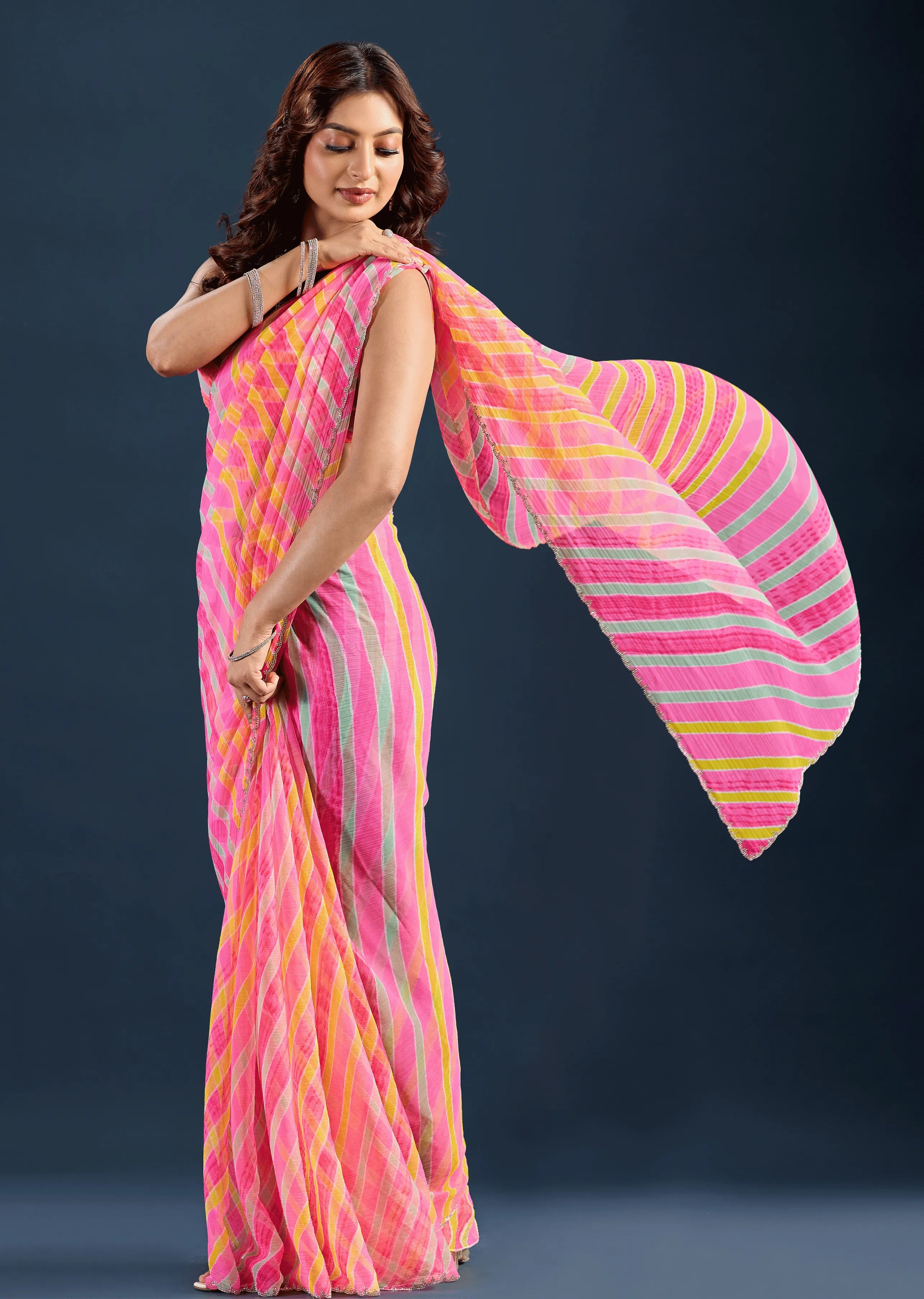 Red Chiffon Saree Side Pose - Striped Print Design