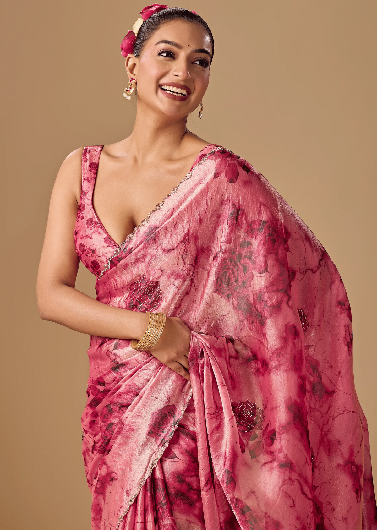 Rose Red Organza Silk Saree Draped Look - Traditional Wear Saree