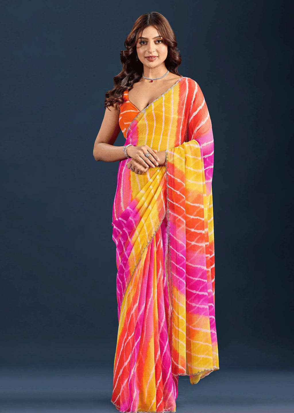 Orange Chiffon Saree With Leheriya Print