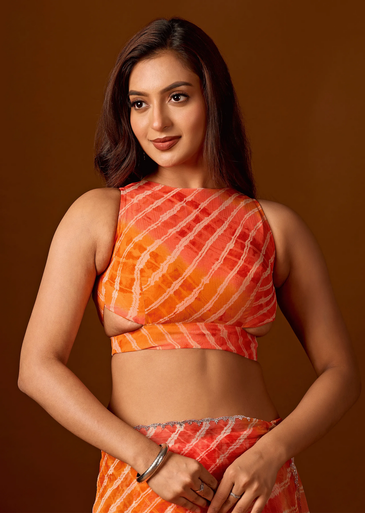Sunset Orange Chiffon Saree With Shibori Print