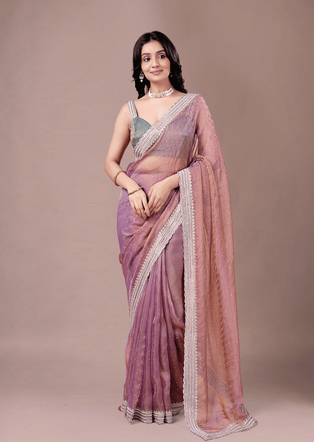 Lavender Purple Organza Saree With Stone Work