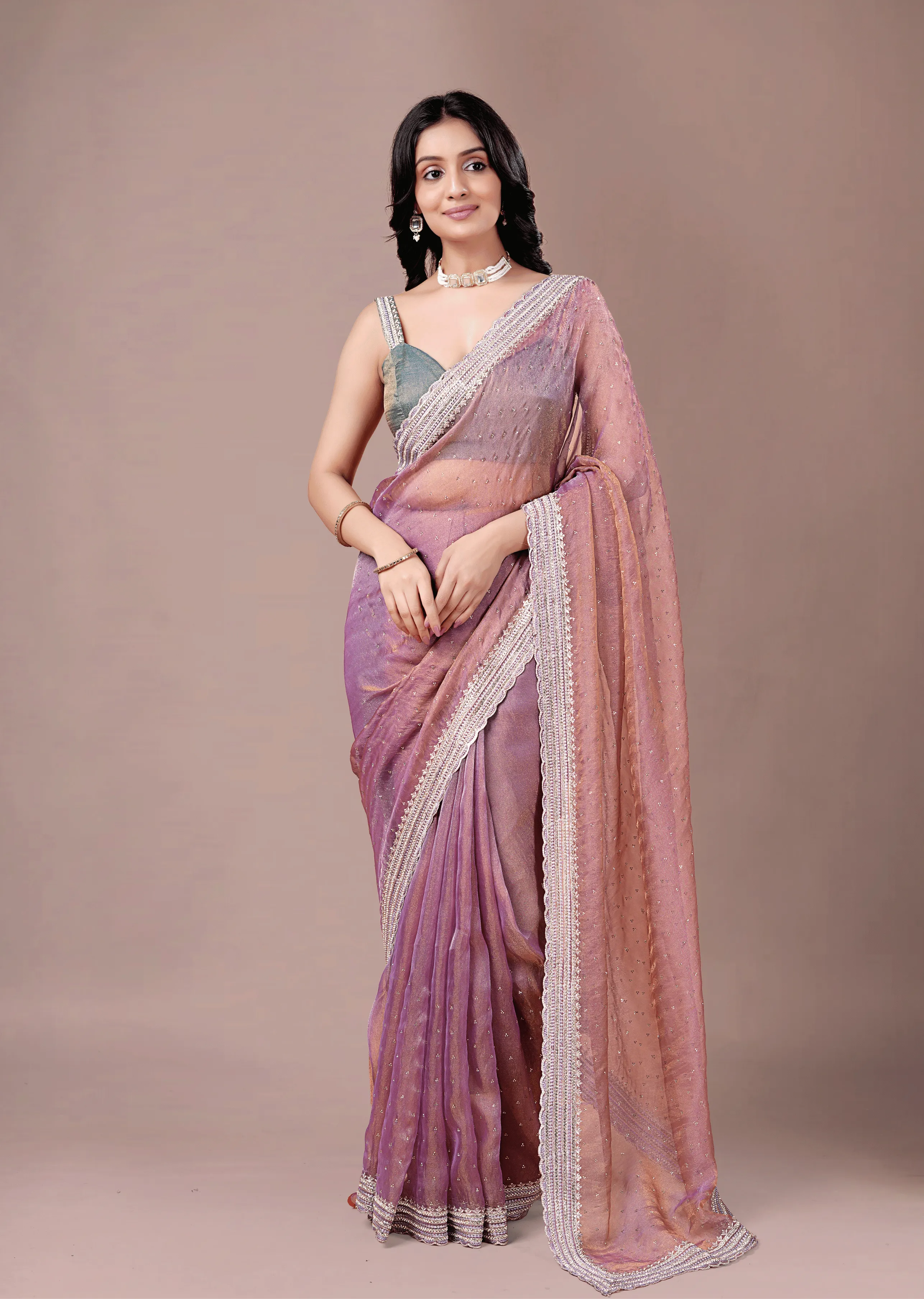Lavender Purple Organza Saree Standing Look - Festive Wear Saree