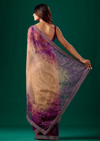  Royal Purple Organza Saree Back Pose - Floral Print Detail