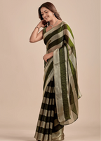 Olive Green Tissue Silk Saree With Metallic Stripe Weave
