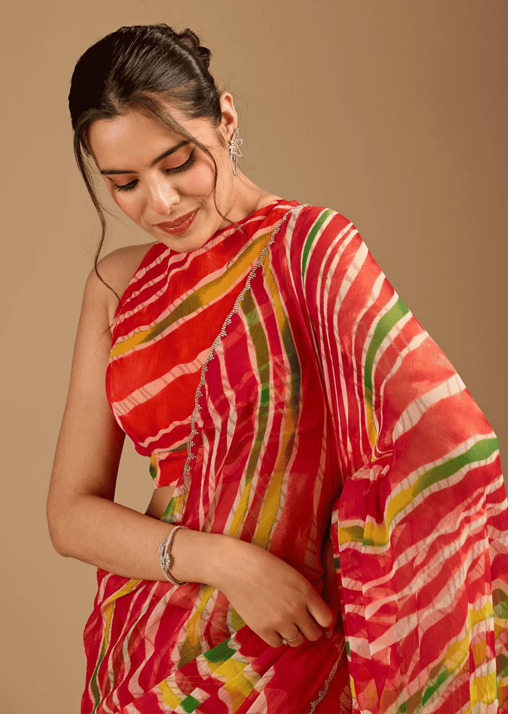 Red Chiffon Saree With Stone Work