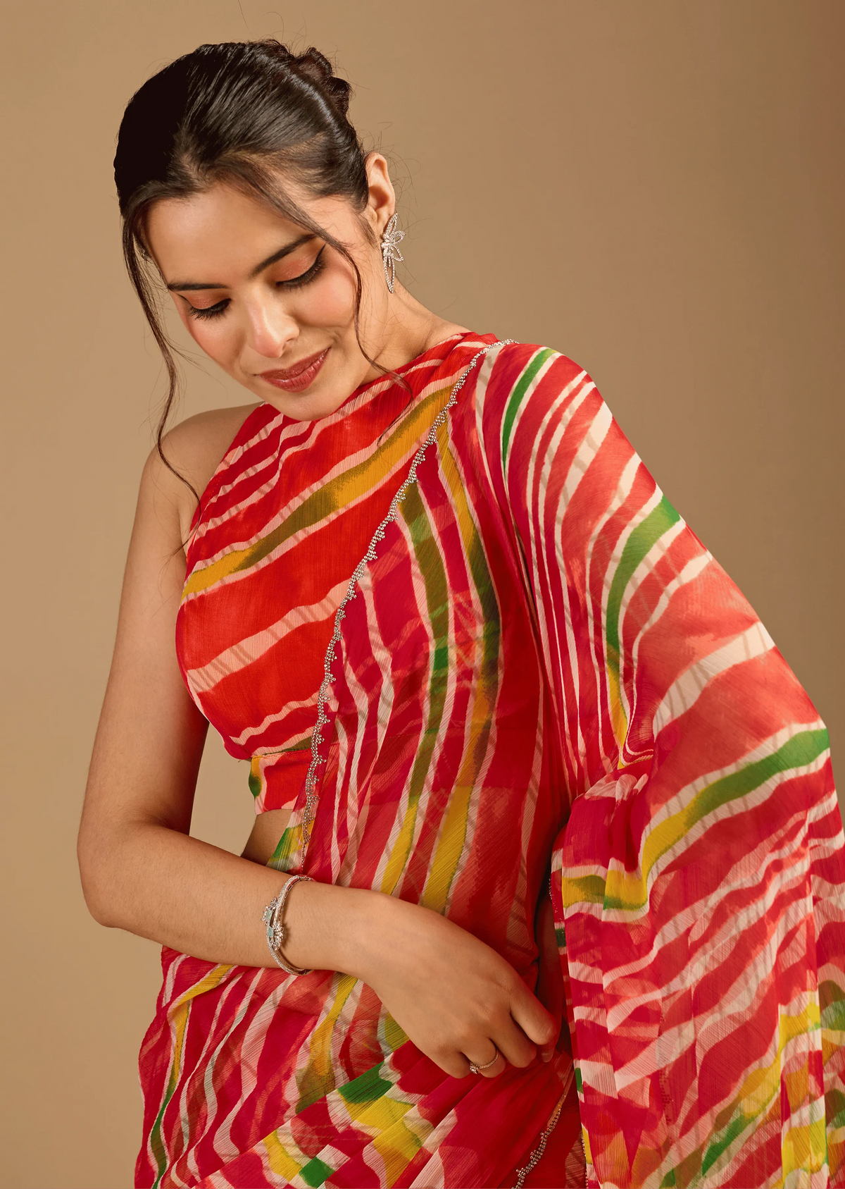 Red Chiffon Saree Standing Look - Mehendi Ceremony Saree