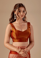Copper Rust Tissue Silk Saree With Metallic Stripe Weave