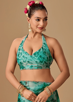 Sea Green Organza Silk Saree Side Pose - Floral Print Design