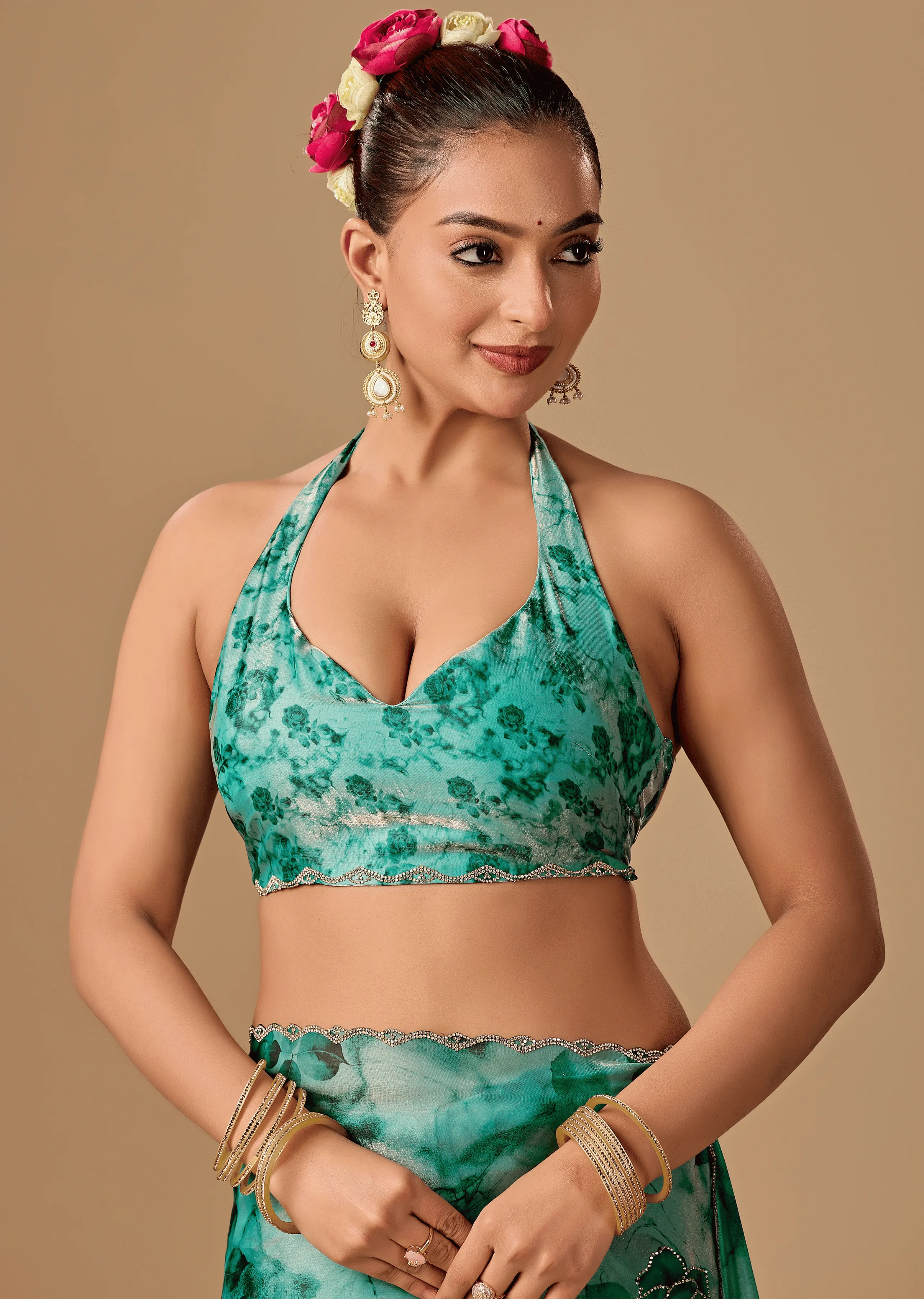 Sea Green Organza Silk Saree Side Pose - Floral Print Design