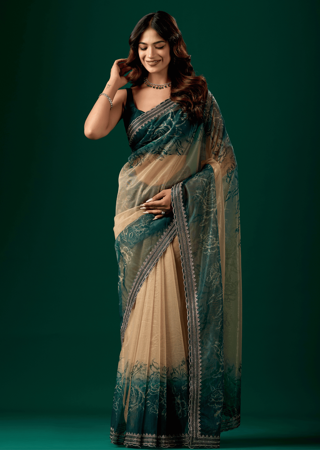 Teal Blue Organza Saree With Floral Print
