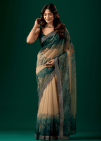 Teal Blue Organza Saree With Floral Print
