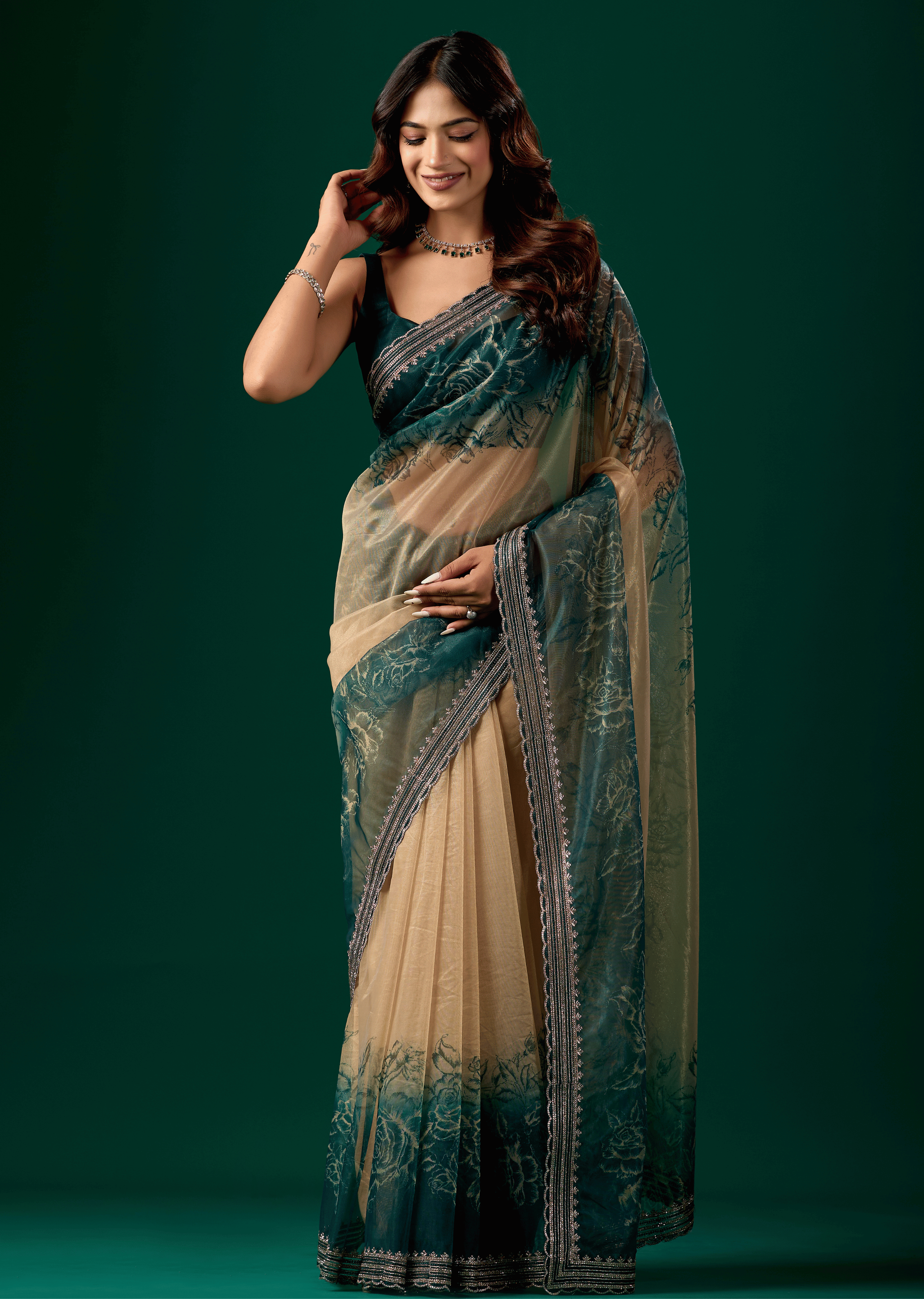 Teal Blue Organza Saree With Floral Print
