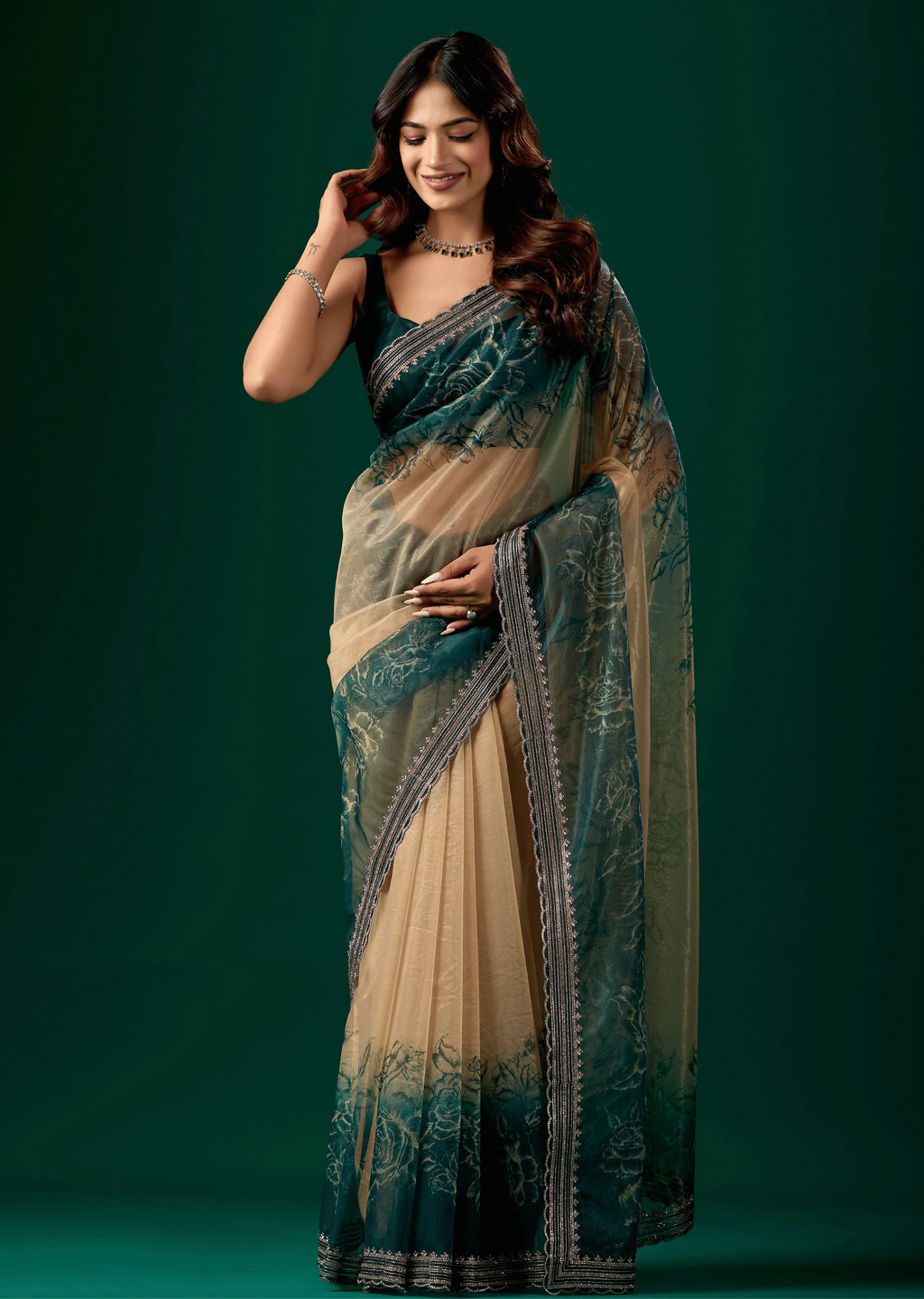 Teal Blue Organza Saree With Floral Print