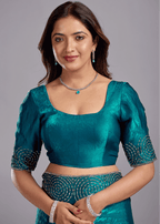 Peacock Teal Tissue Silk Saree With Crystal Spiral Work