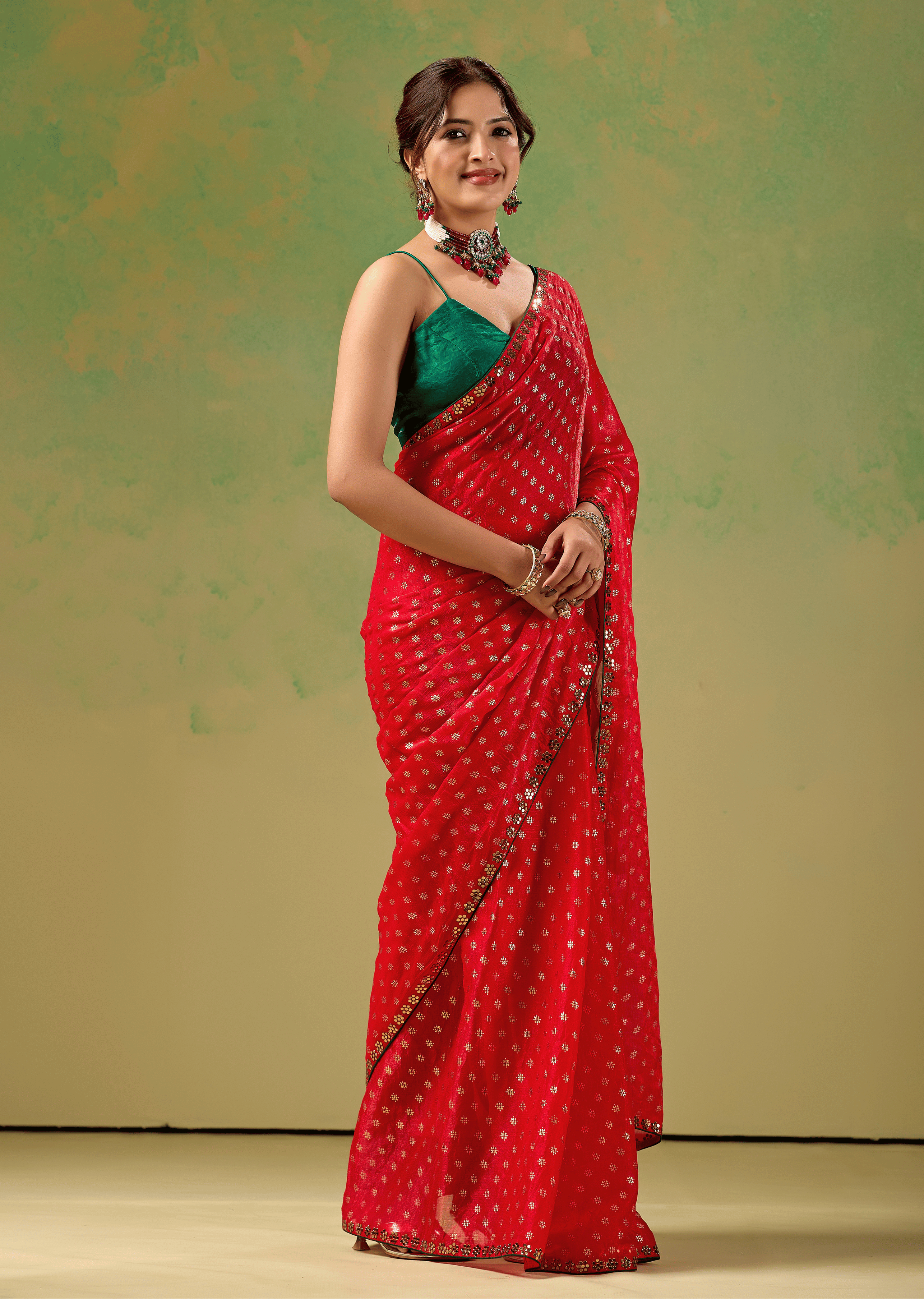 Red Tissue Silk Saree With Foil Butti Print