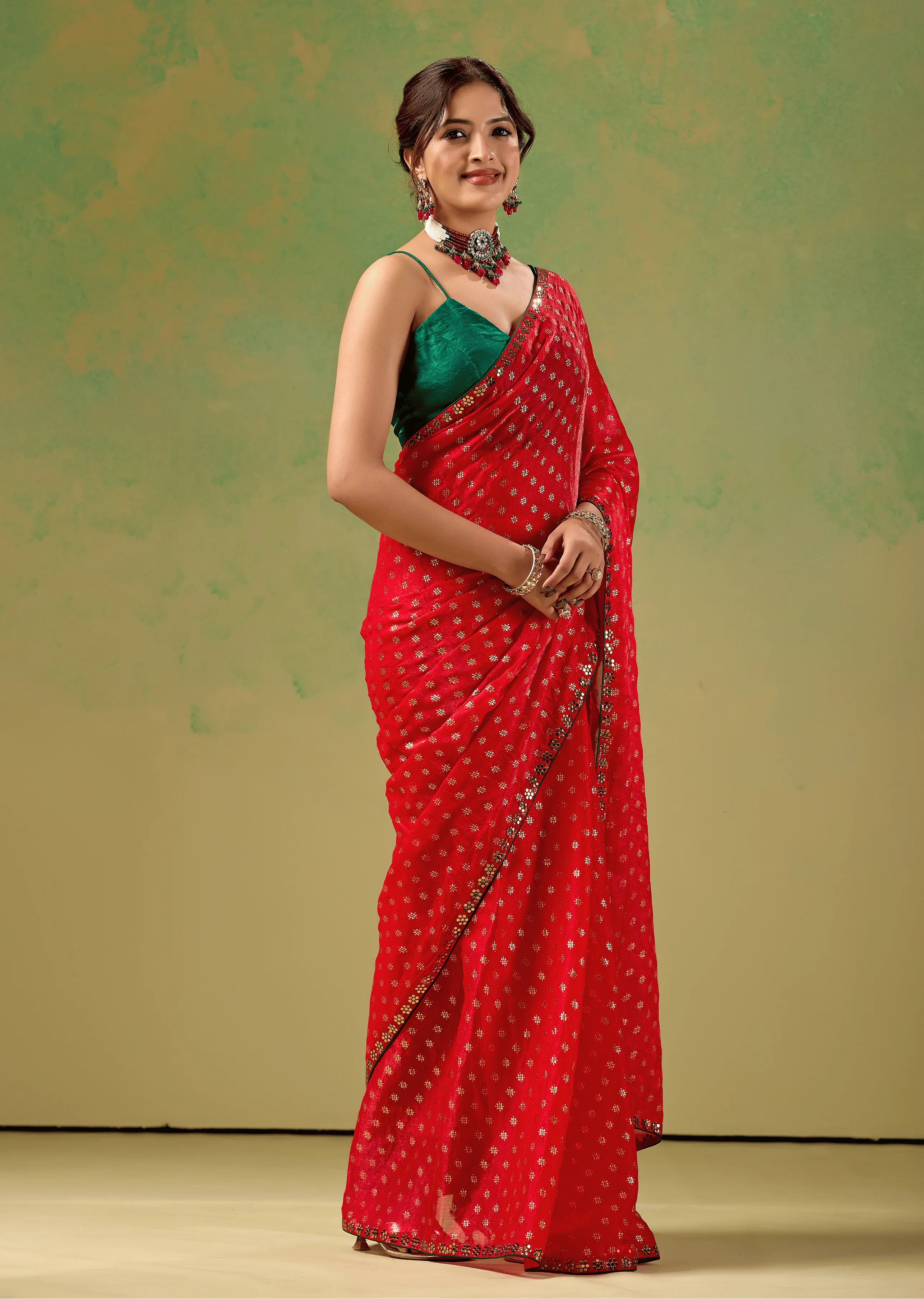 Red Tissue Silk Saree Blouse Close Up - Foil Butti Print Detail