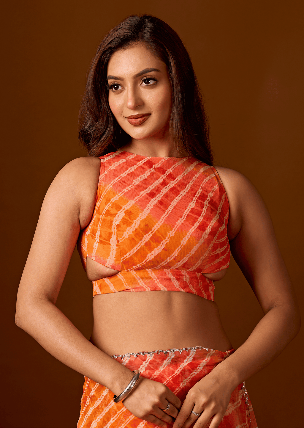 Sunset Orange Chiffon Saree With Shibori Print