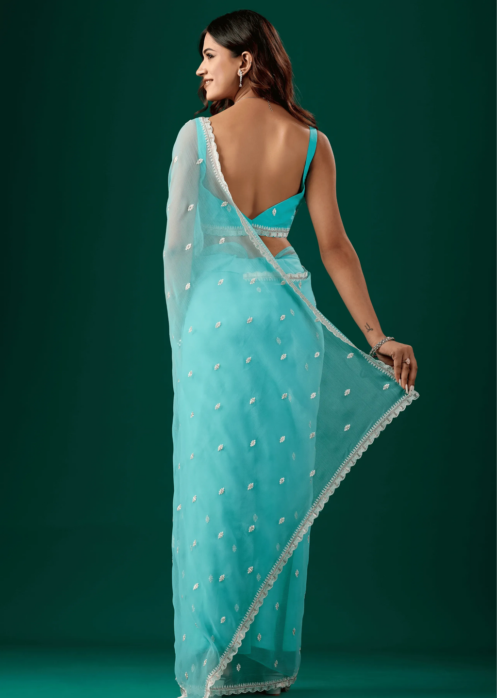 Sky Blue Chiffon Saree With Floral Embroidery