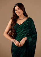 Bottle Green Organza Silk Saree Pallu Detail - Polka Dot Print Border