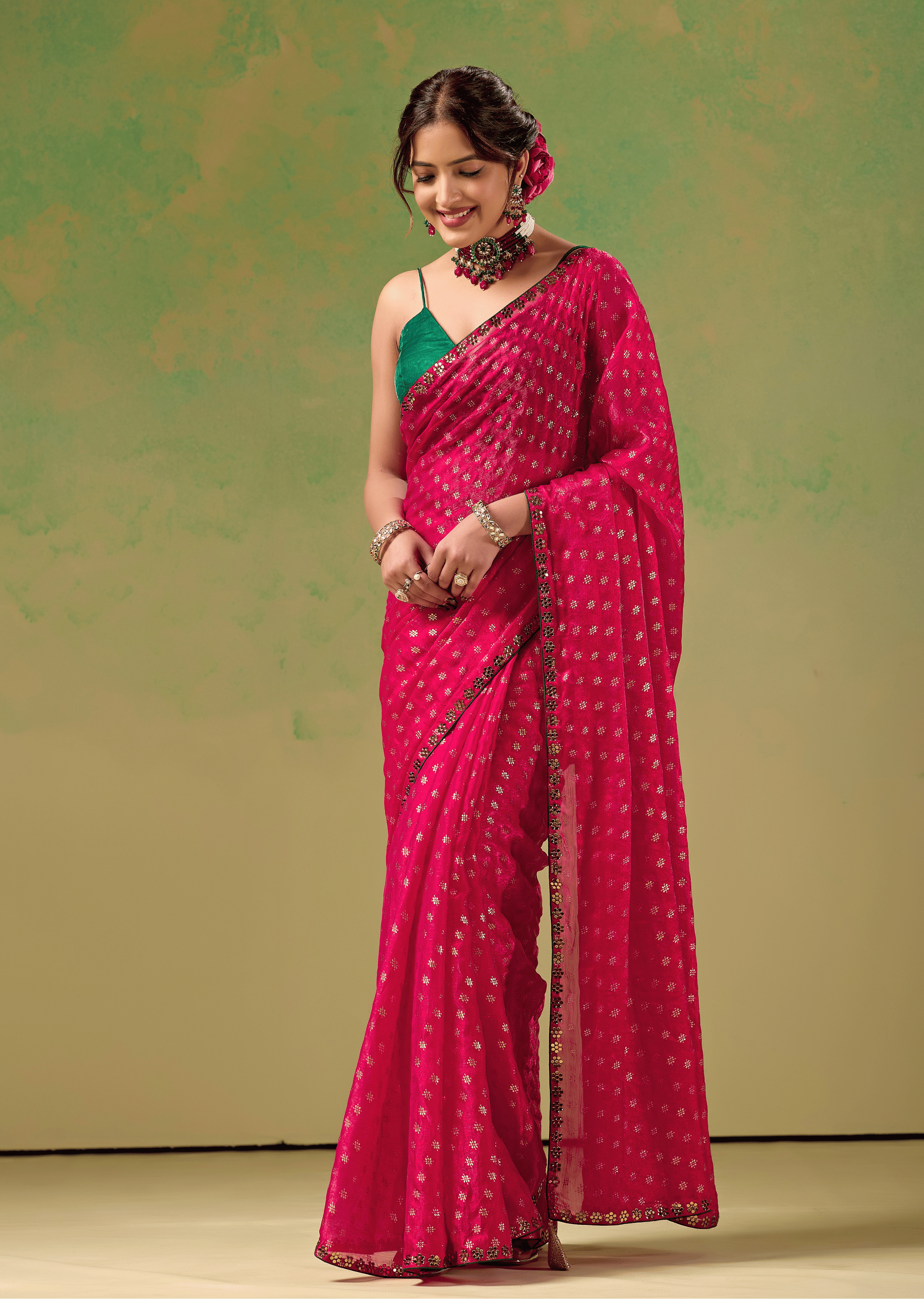 Rani Pink Tissue Silk Saree With Foil Butti Print