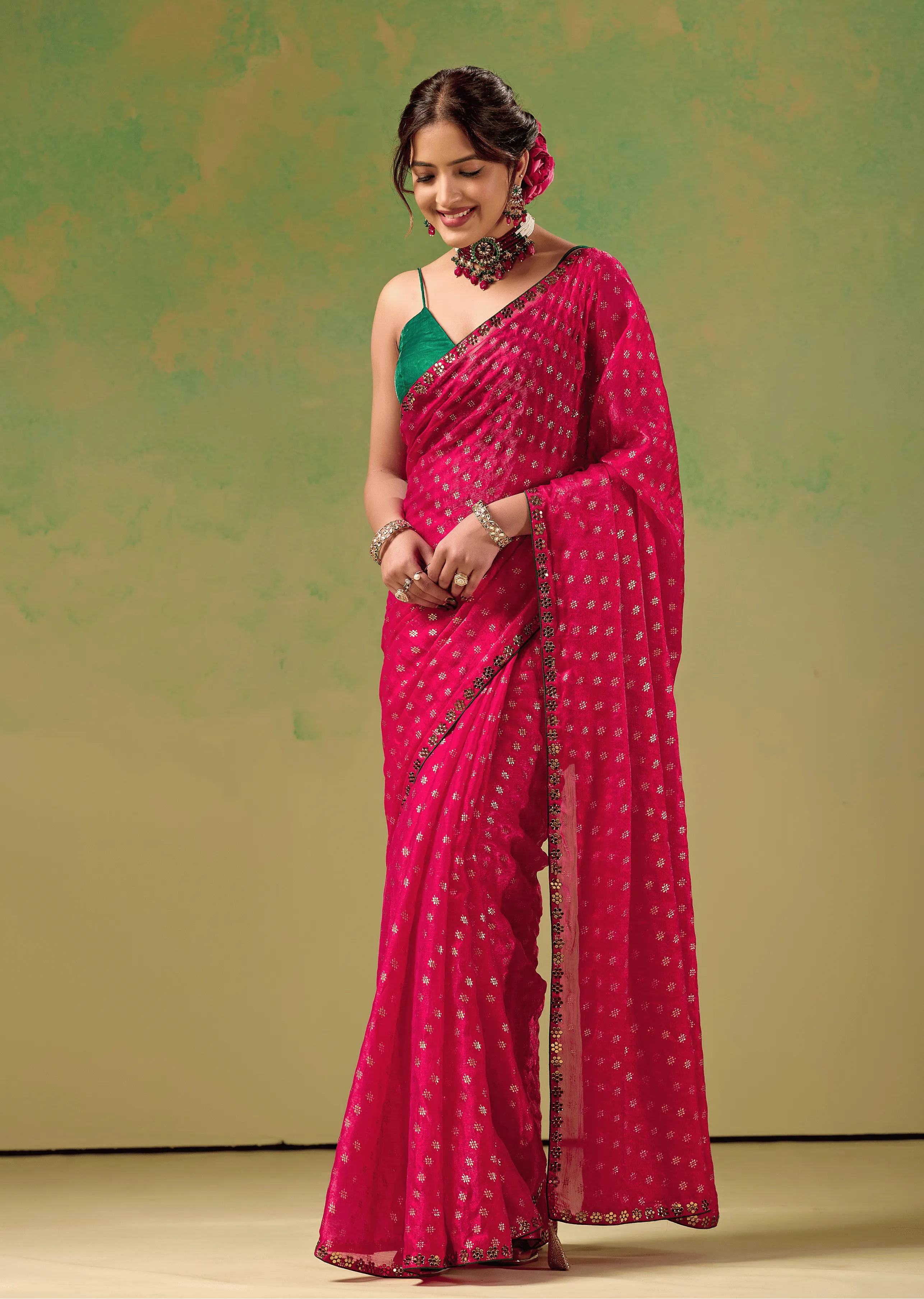  Rani Pink Tissue Silk Saree With Foil Butti Print - Front Look | Buy On Ethnic9
