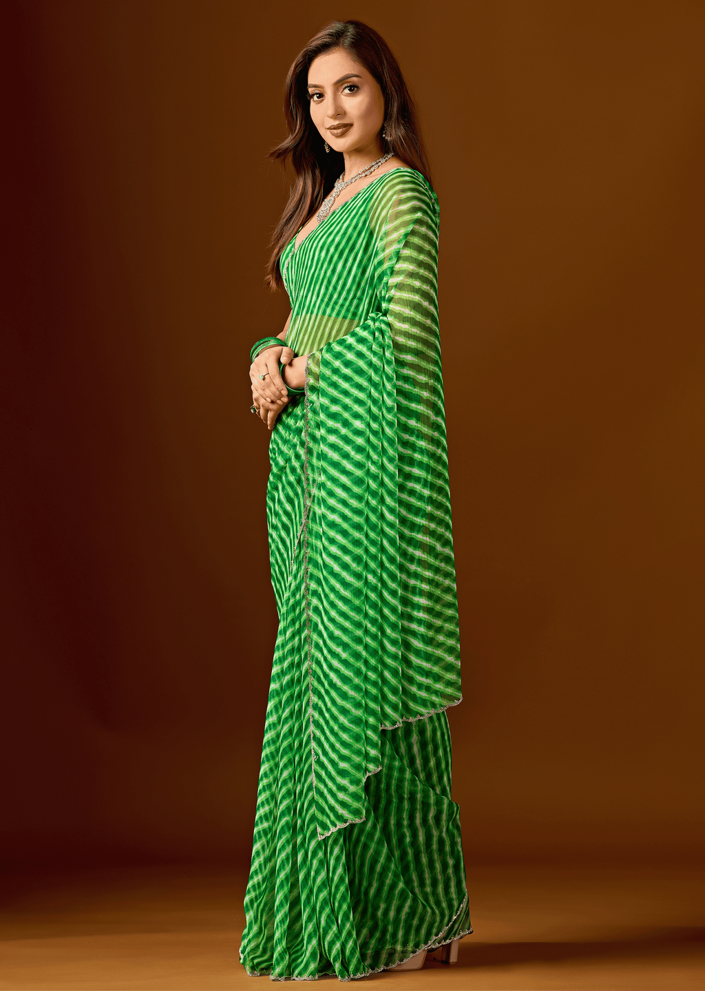 Lime Green Chiffon Saree With Leheriya Print