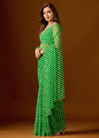 Lime Green Chiffon Saree With Leheriya Print
